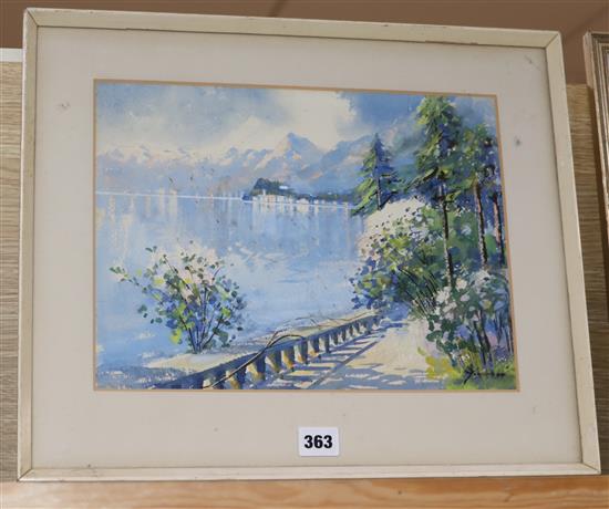 Italian School, watercolour and gouache, Lakeside scene, indistinctly signed Gianni, 25 x 33cm